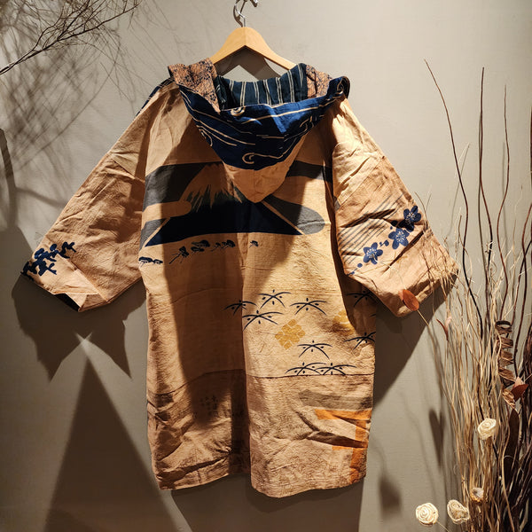 Retro Kakishibu Dyed Tenugui Patchwork Reversible Hoodie