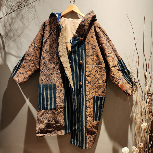 Retro Kakishibu Dyed Tenugui Patchwork Reversible Hoodie