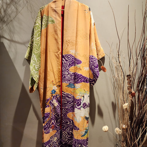 Vintage Silk Kimono Peach Crane