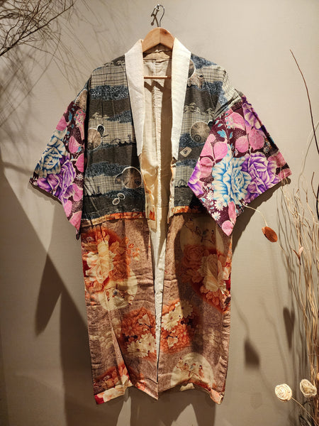 Patchwork Flower Pattern Vintage Silk Kimono