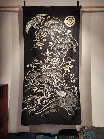 Aizome Indigo Tsutsugaki Minogame Crane Wall Art 91 x 182cm