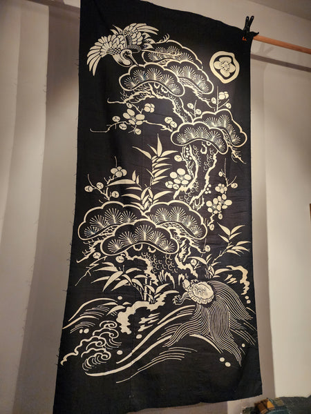 Aizome Indigo Tsutsugaki Minogame Crane Wall Art 91 x 182cm
