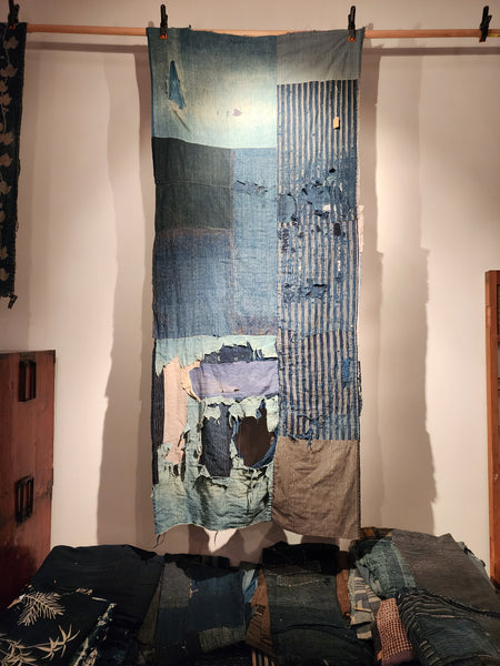 Antique Rustic Indigo Boro Sashiko Patchwork Futon Cover Fabric 80 x 184cm