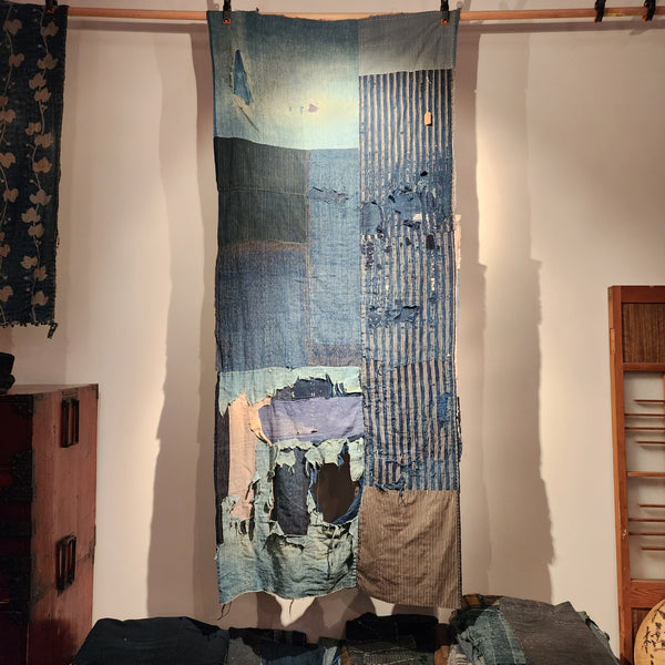 Antique Rustic Indigo Boro Sashiko Patchwork Futon Cover Fabric 80 x 184cm