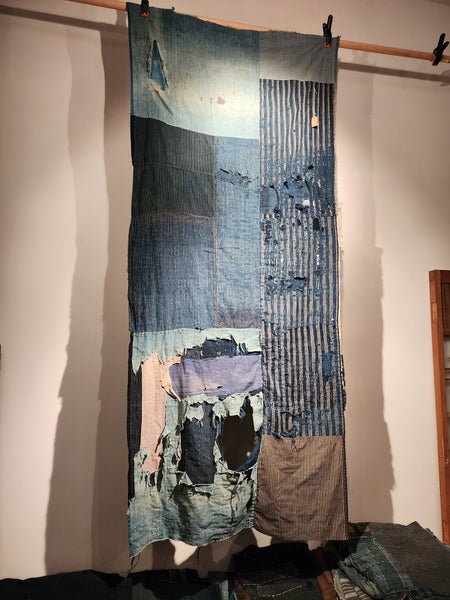 Antique Rustic Indigo Boro Sashiko Patchwork Futon Cover Fabric 80 x 184cm