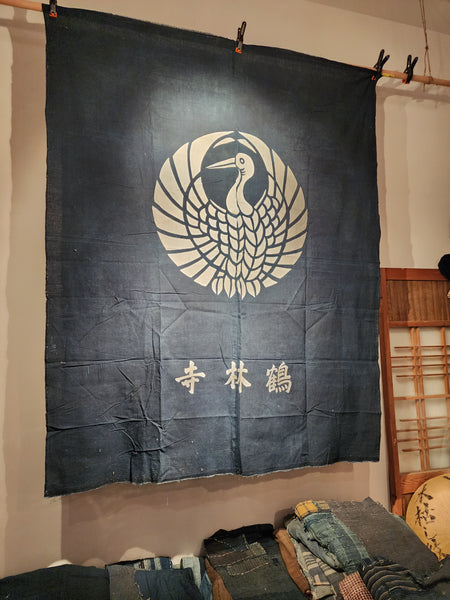 Aizome Indigo Tsutsugaki Crane Kamon Wall Decor 140 x 170cm