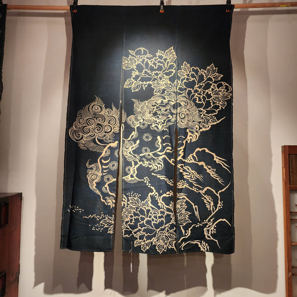 Vintage Tsutsugaki Indigo Foodog Noren Curtain 103 x 154cm