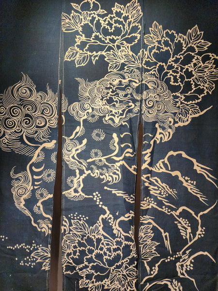 Vintage Tsutsugaki Indigo Foodog Noren Curtain 103 x 154cm