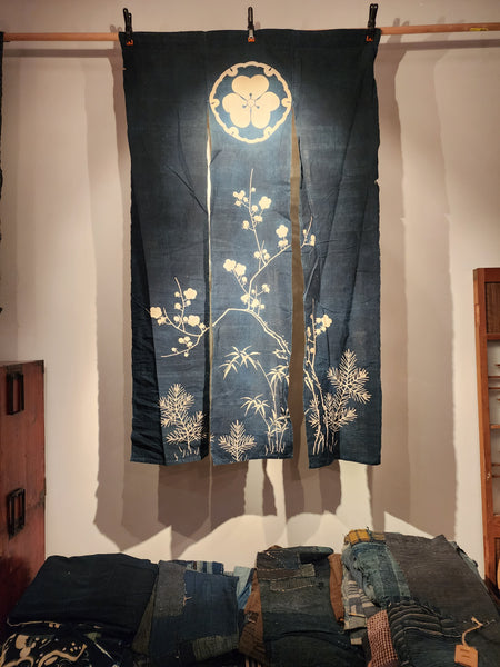 Antique Meiji Tsutsugaki Indigo Shochiku Umemon Noren Curtain 159 x 96cm