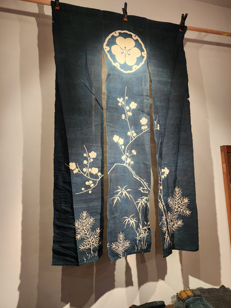 Antique Meiji Tsutsugaki Indigo Shochiku Umemon Noren Curtain 159 x 96cm