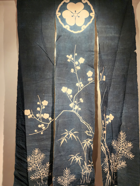 Antique Meiji Tsutsugaki Indigo Shochiku Umemon Noren Curtain 159 x 96cm