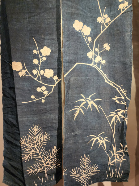 Antique Meiji Tsutsugaki Indigo Shochiku Umemon Noren Curtain 159 x 96cm