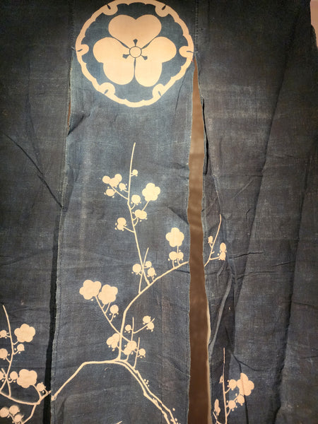 Antique Meiji Tsutsugaki Indigo Shochiku Umemon Noren Curtain 159 x 96cm