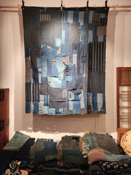 Vintage Indigo Japanese Boro Patchwork Zanshi Futon Cover Wall Art 158 x 125cm