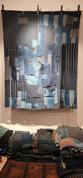 Vintage Indigo Japanese Boro Patchwork Zanshi Futon Cover Wall Art 158 x 125cm