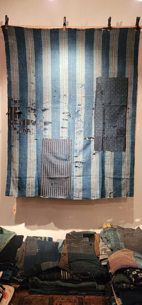 Vintage Indigo Japanese Boro Patchwork Zanshi Futon Cover Wall Art 158 x 125cm