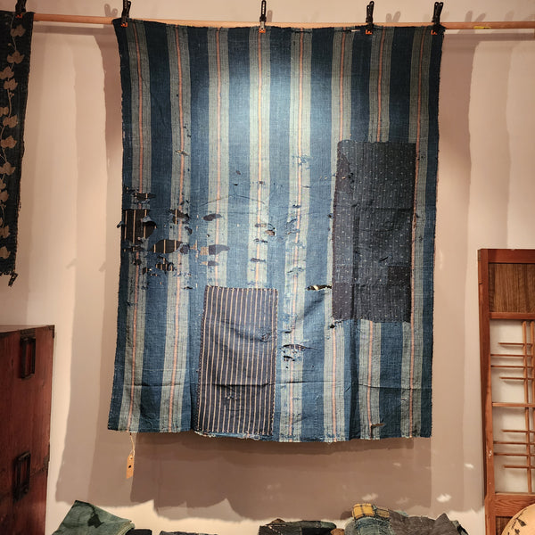 Vintage Indigo Japanese Boro Patchwork Zanshi Futon Cover Wall Art 158 x 125cm