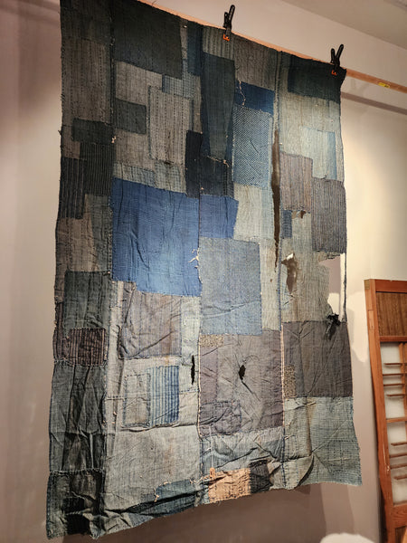 Early 1900s Vintage Indigo Japanese Boro Zanshi Sashiko Patchwork Fabric Wall Decor 160 x 109cm