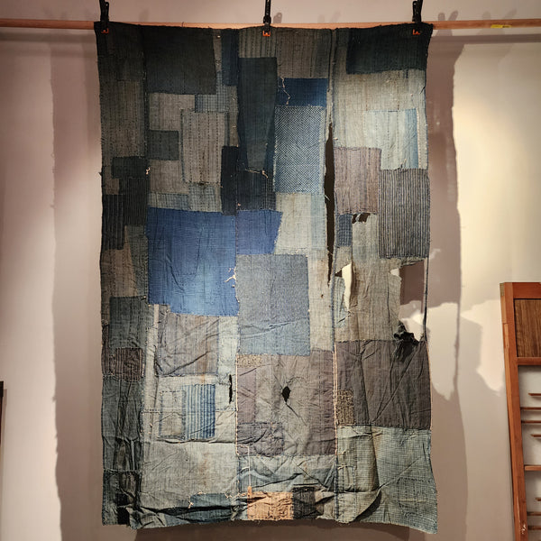 Early 1900s Vintage Indigo Japanese Boro Zanshi Sashiko Patchwork Fabric Wall Decor 160 x 109cm