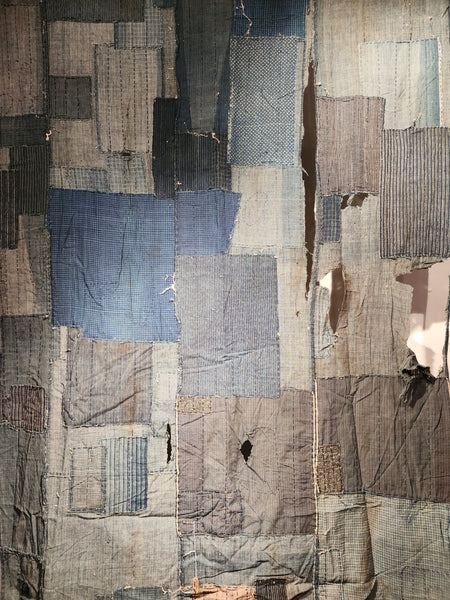 Early 1900s Vintage Indigo Japanese Boro Zanshi Sashiko Patchwork Fabric Wall Decor 160 x 109cm