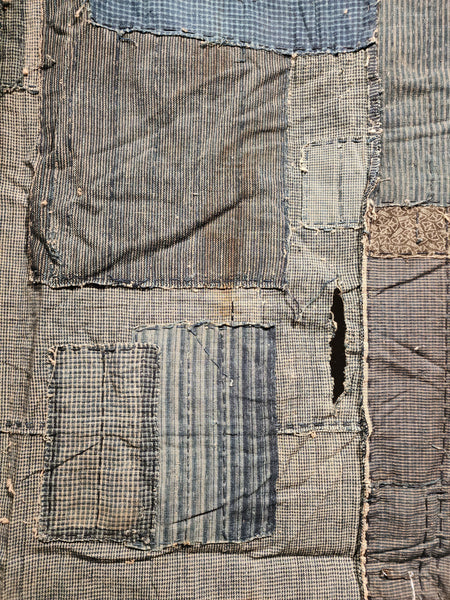 Early 1900s Vintage Indigo Japanese Boro Zanshi Sashiko Patchwork Fabric Wall Decor 160 x 109cm