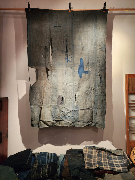 Early 1900s Vintage Indigo Japanese Boro Zanshi Sashiko Patchwork Fabric Wall Decor 160 x 109cm