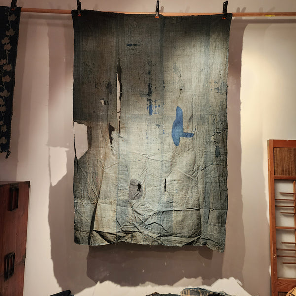 Early 1900s Vintage Indigo Japanese Boro Zanshi Sashiko Patchwork Fabric Wall Decor 160 x 109cm
