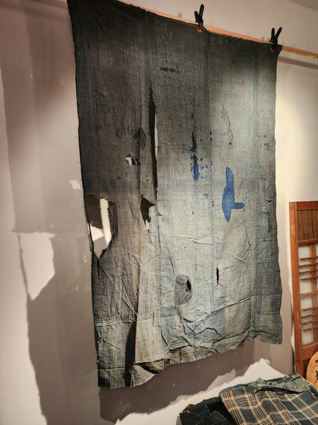 Early 1900s Vintage Indigo Japanese Boro Zanshi Sashiko Patchwork Fabric Wall Decor 160 x 109cm
