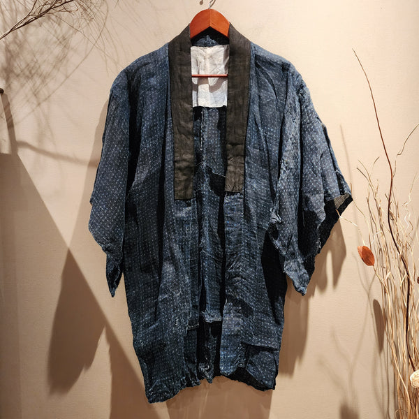 Vintage Indigo Boro Noragi, Kasuri Hemp Peasant's Coat
