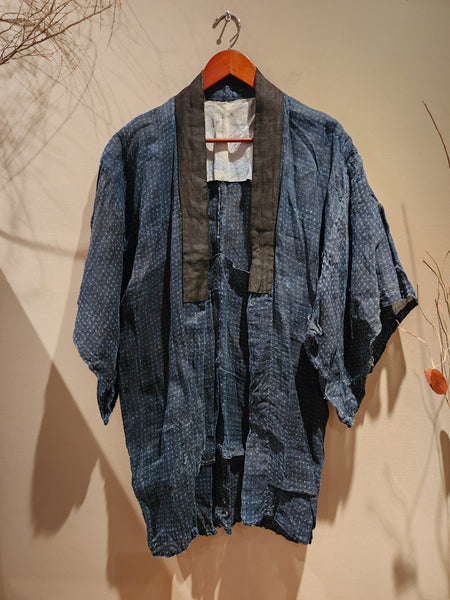 Vintage Indigo Boro Noragi, Kasuri Hemp Peasant's Coat