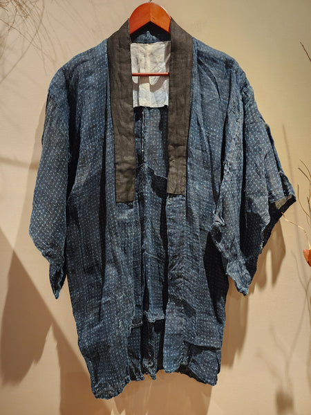 Vintage Indigo Boro Noragi, Kasuri Hemp Peasant's Coat