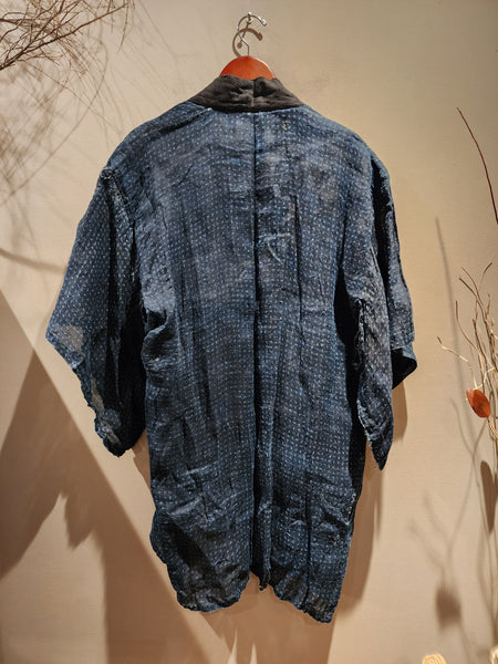 Vintage Indigo Boro Noragi, Kasuri Hemp Peasant's Coat