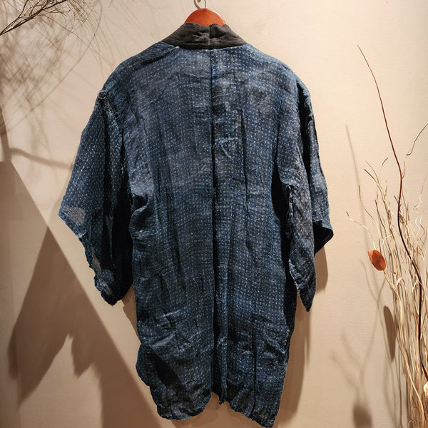 Vintage Indigo Boro Noragi, Kasuri Hemp Peasant's Coat