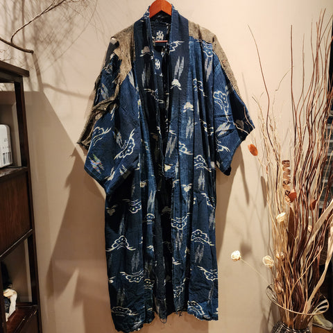 Vintage Indigo Boro Yogi, Kasuri Peasant's Nightwear