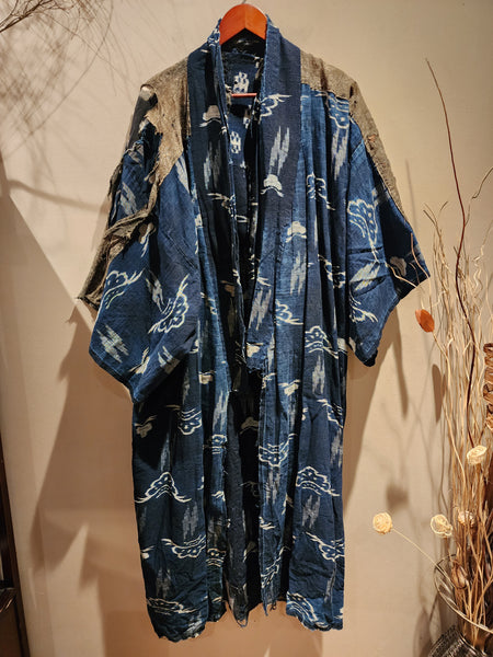 Vintage Indigo Boro Yogi, Kasuri Peasant's Nightwear