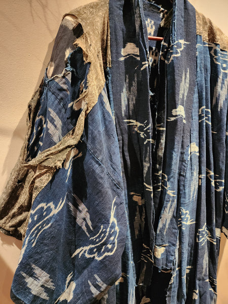 Vintage Indigo Boro Yogi, Kasuri Peasant's Nightwear