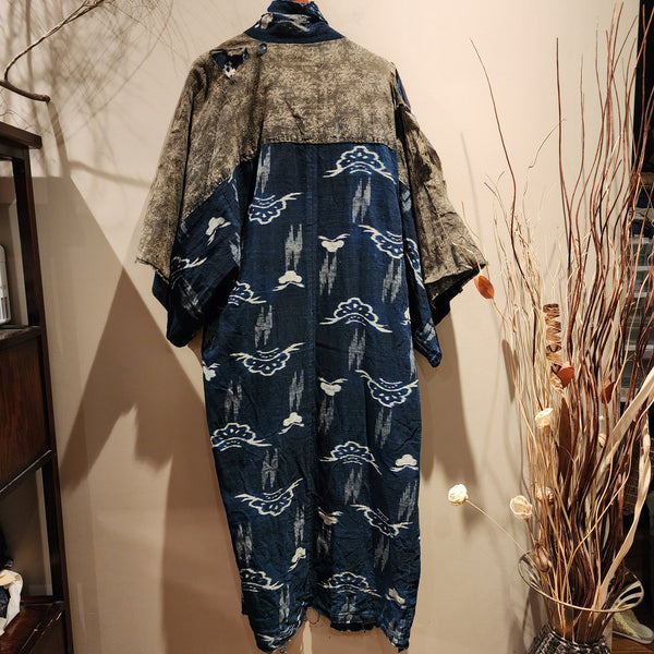 Vintage Indigo Boro Yogi, Kasuri Peasant's Nightwear