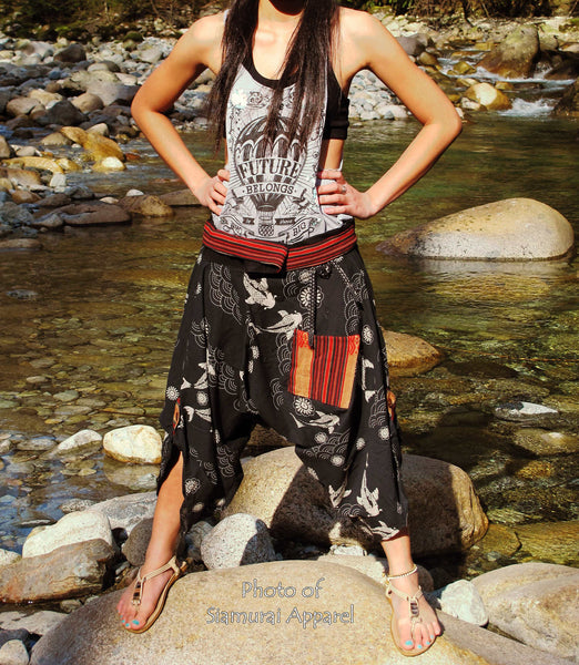 Traditional Koi Fish Black Waist-Tied Samurai Pants