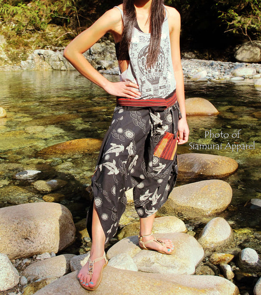 Traditional Koi Fish Black Waist-Tied Samurai Pants
