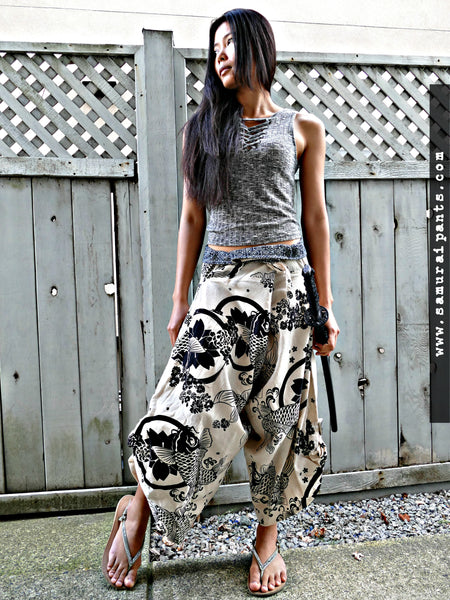 Cute Koi Fish WHITE Waist-Tied Samurai Pants Regular & XXL