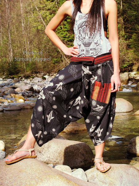 Traditional Koi Fish Black Waist-Tied Samurai Pants