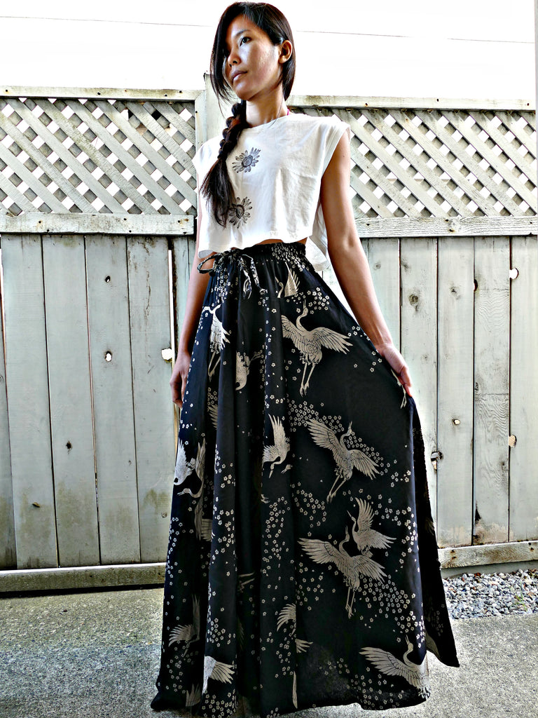 Sakura Crane 8 Panel Print Long Skirts - Siamurai