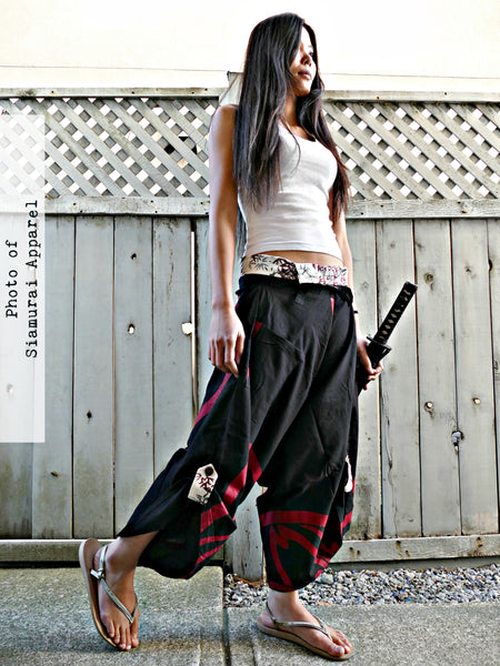 Red Japanese Hana Crests (BLACK) Waist-Tied Samurai Pants REGULAR & XXL size