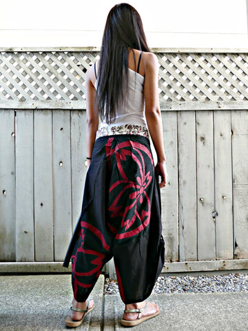 Red Japanese Hana Crests (BLACK) Waist-Tied Samurai Pants REGULAR & XXL size