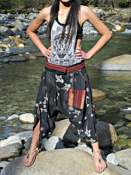 Traditional Koi Fish Black Waist-Tied Samurai Pants