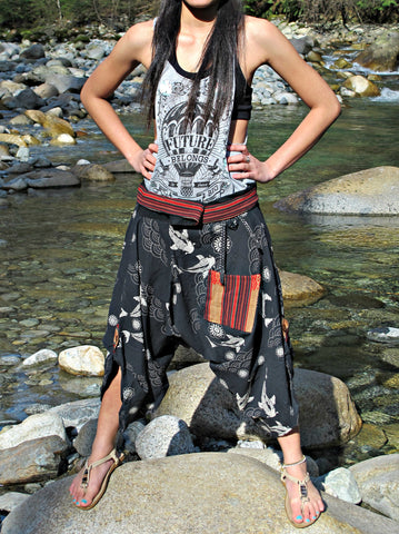 Traditional Koi Fish Black Waist-Tied Samurai Pants