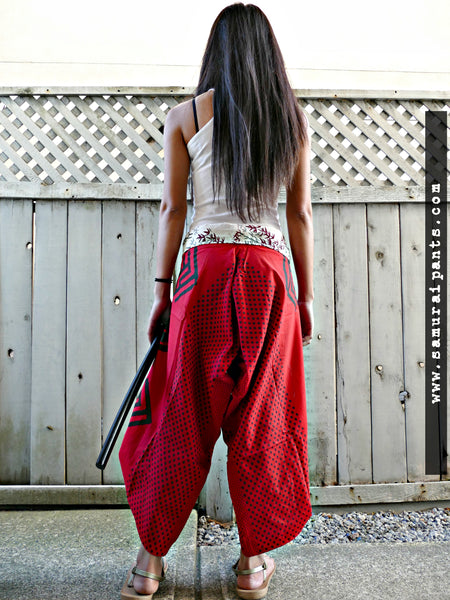 Red Samurai Crests Waist-Tied Samurai Pants S to XXL size