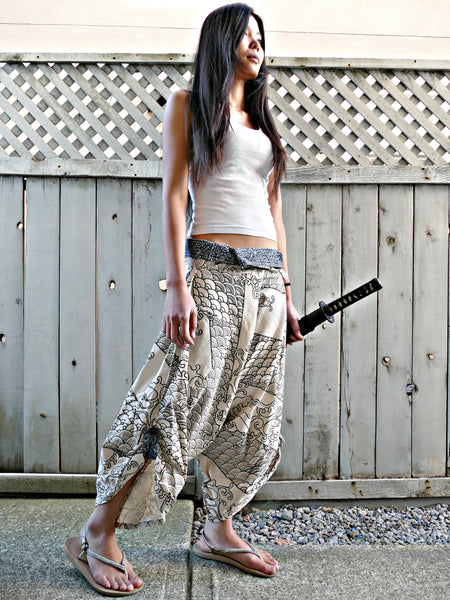 Two Waves (WHITE) Waist-Tied Samurai Pants REGULAR & XXL size