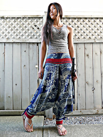 Vintage Waves Flower Koi (INDIGO) Tribal Warrior Pants